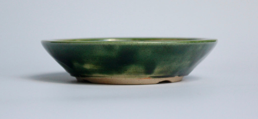 Round bonsai pot in a green oribe glaze 121mm