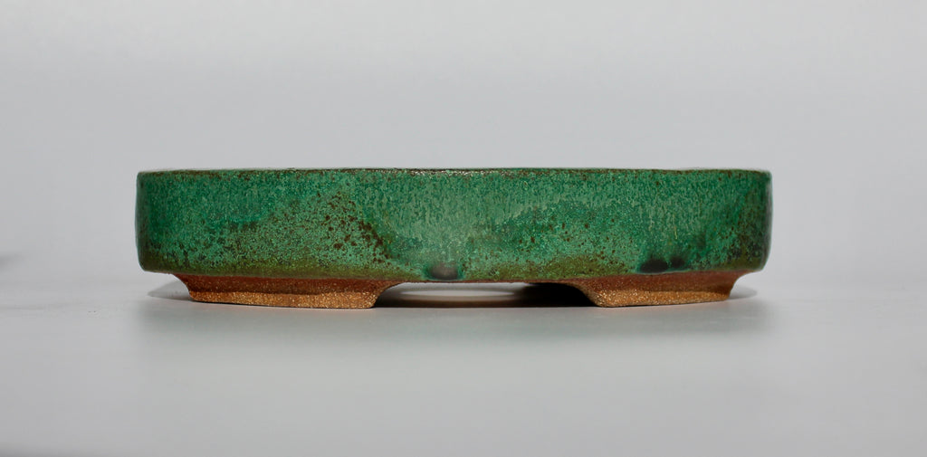 Oval bonsai pot in a matte green glaze 214x157mm