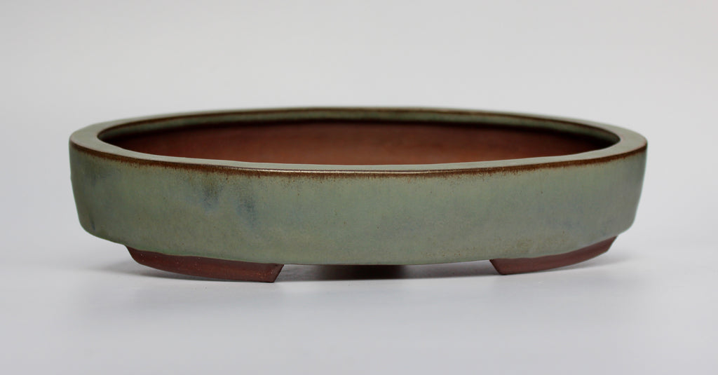 Oval bonsai pot in a matte blue/grey glaze 312x205mm