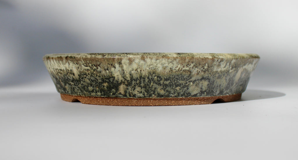 Round bonsai pot in a matte cream and green glaze. D.215mm