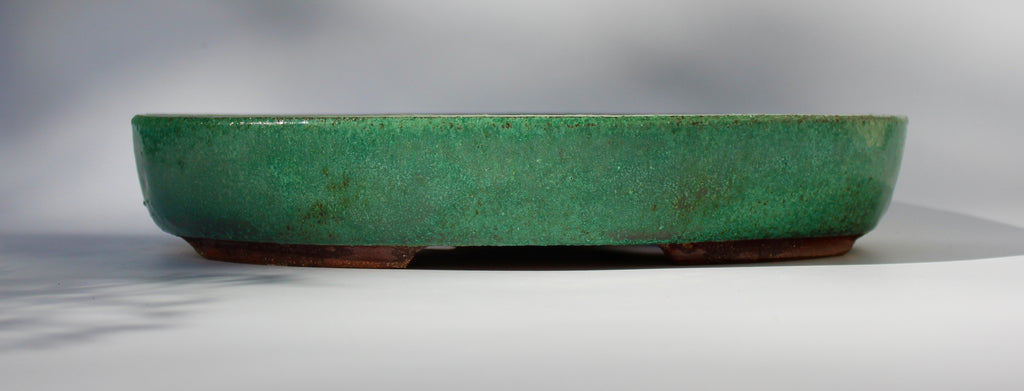 Oval bonsai pot in a matte copper green glaze 324x232mm
