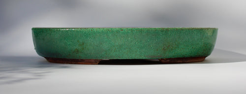 Oval bonsai pot in a matte copper green glaze 324x232mm