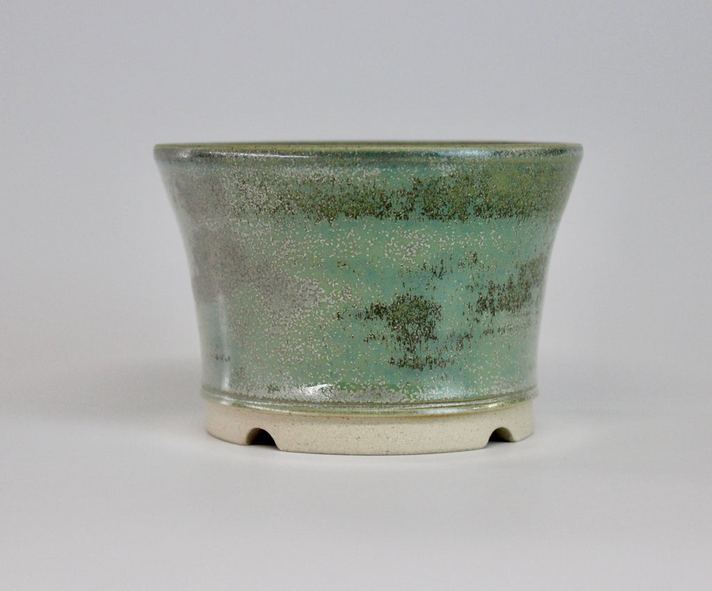 Round bonsai pot in a green crystal glaze D.109mm