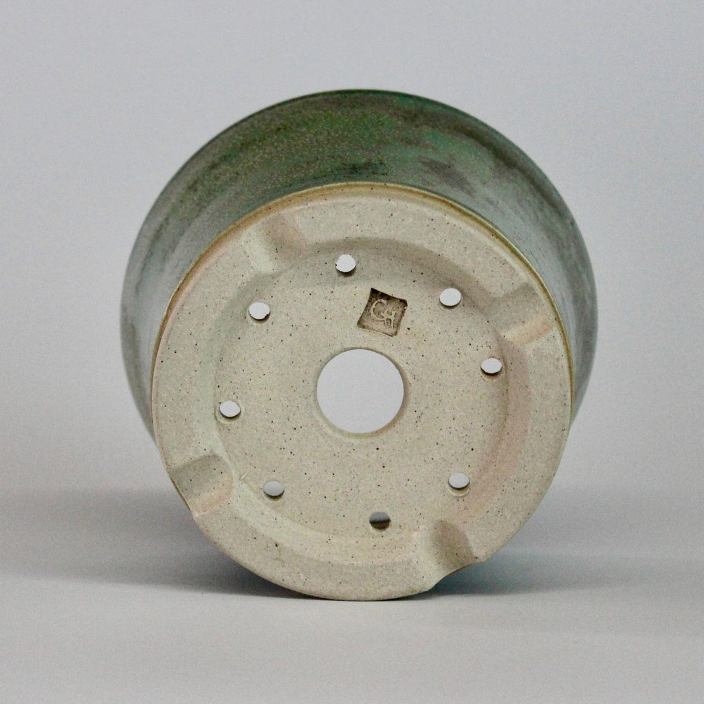 Round bonsai pot in a green crystal glaze D.109mm