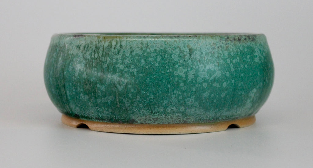 Round bonsai pot in a matte green glaze. D.150mm