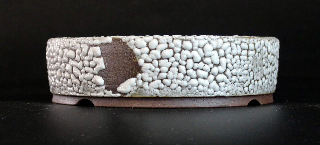Round bonsai pot in a white crawl glaze D.160mm