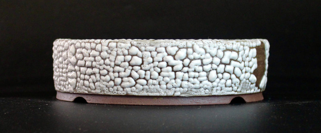 Round bonsai pot in a white crawl glaze D.160mm