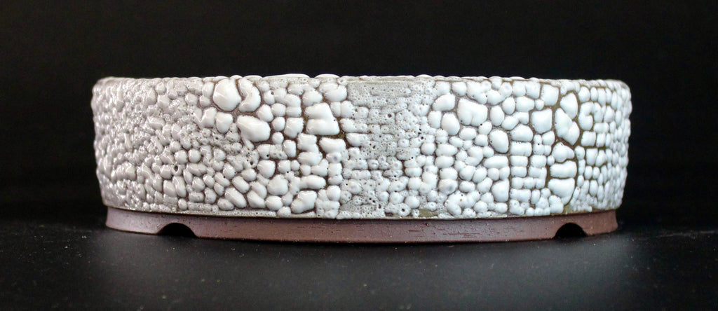 Round bonsai pot in a white crawl glaze D.160mm