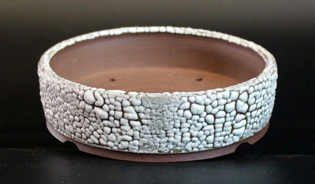 Round bonsai pot in a white crawl glaze D.160mm