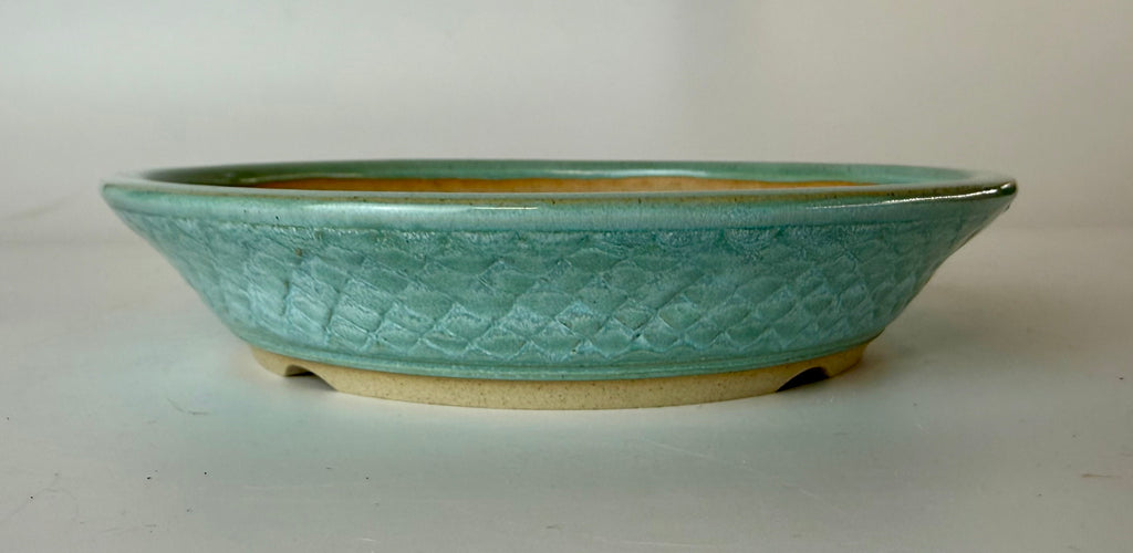 Round bonsai pot in a blue glaze. D.182mm
