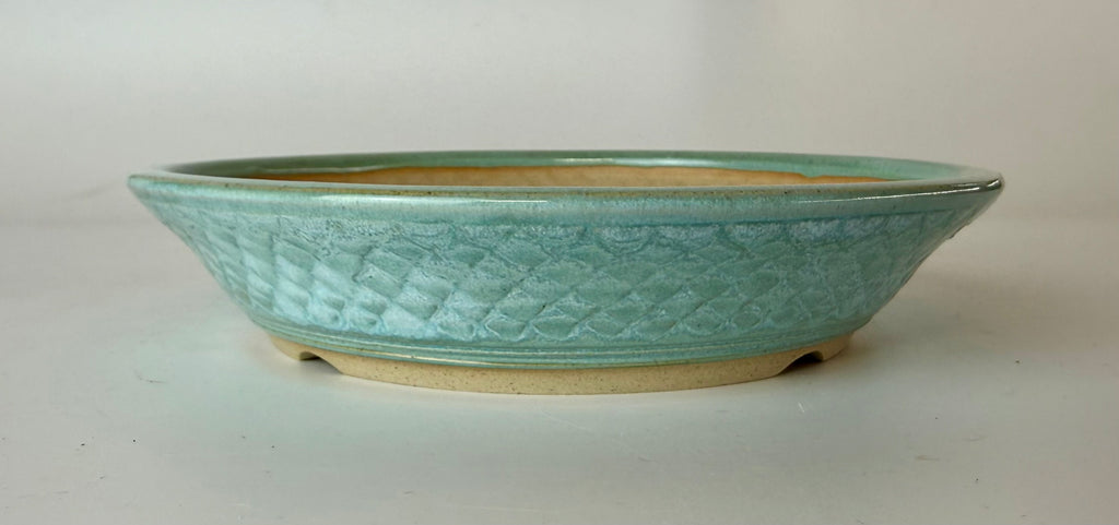 Round bonsai pot in a blue glaze. D.182mm