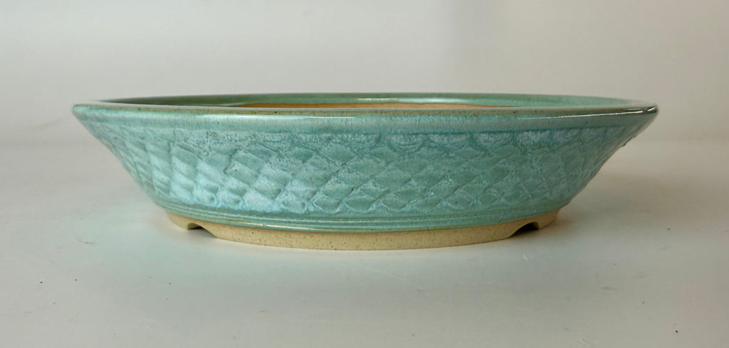 Round bonsai pot in a blue glaze. D.182mm